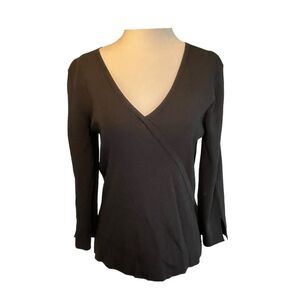 Pointelle Brand Faux Wrap‎ Sweater Black Ribbed Knit 3/4 Sleeves V-Neck M